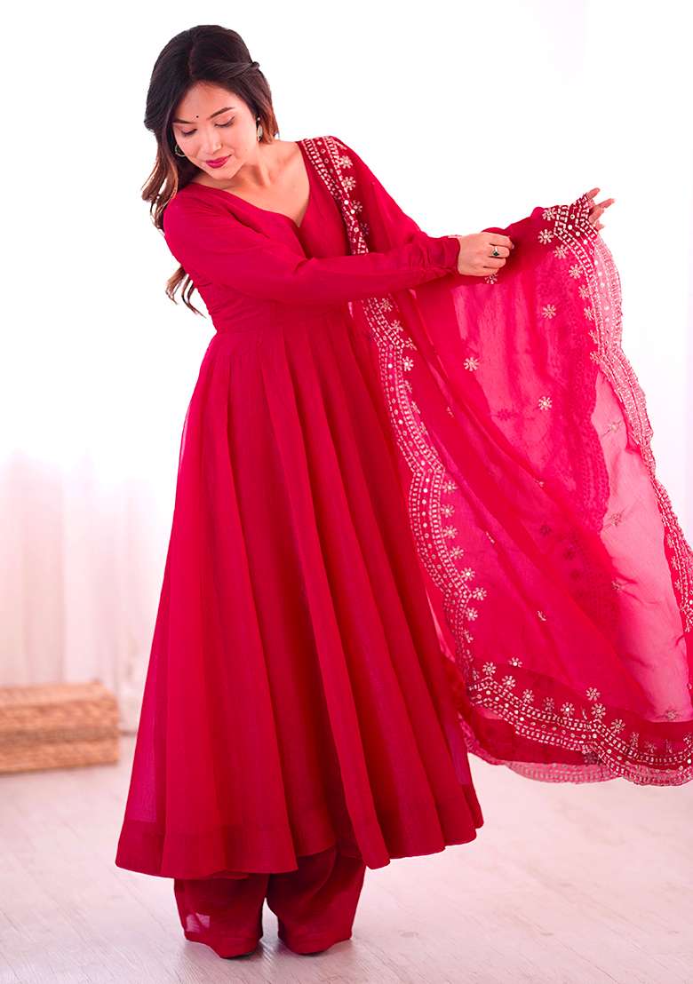 Rani Pink Solid Silk Salwar Kameez With Dupatta - Indya