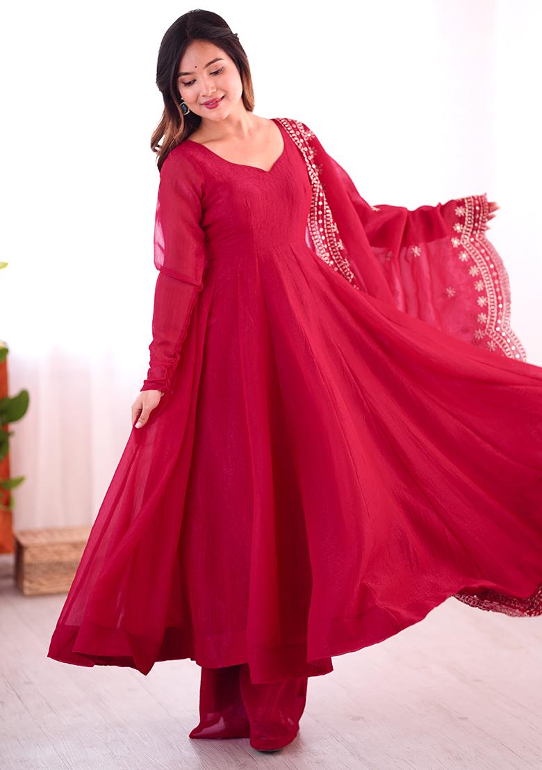 Rani Pink Solid Silk Salwar Kameez With Dupatta