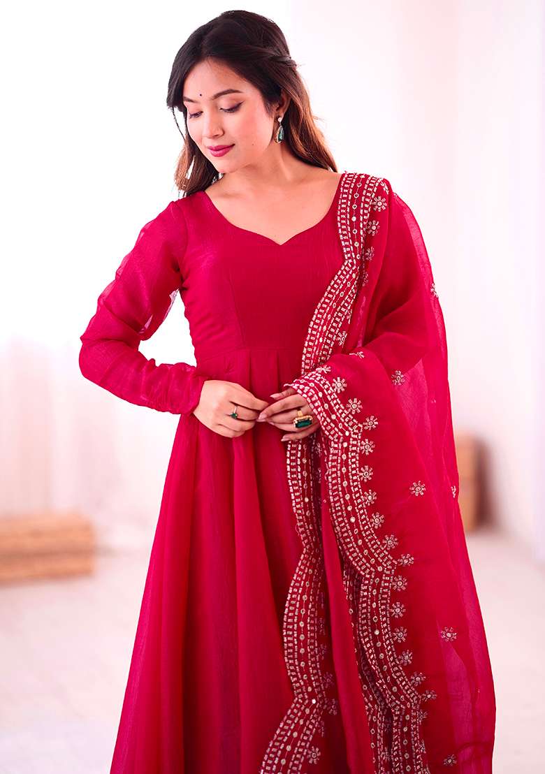Rani Pink Solid Silk Salwar Kameez With Dupatta - Indya