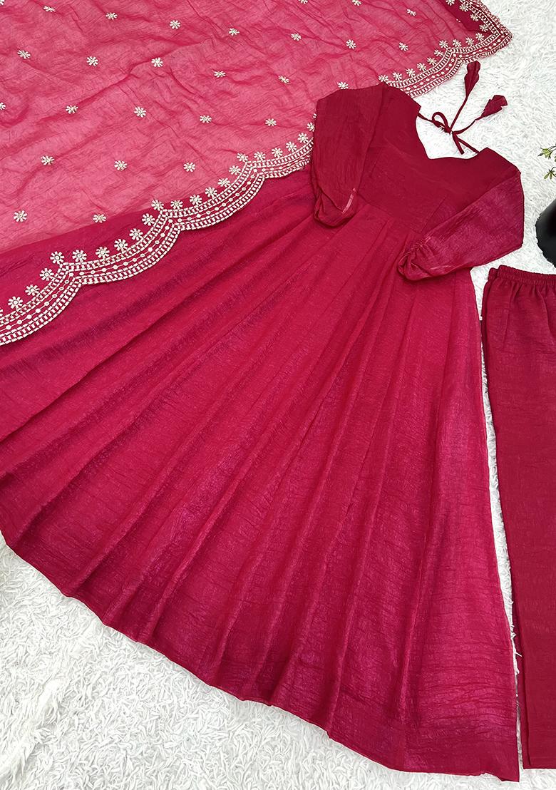 Rani Pink Solid Silk Salwar Kameez With Dupatta