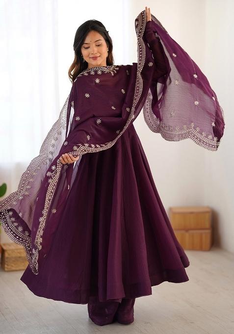 Wine Solid Silk Salwar Kameez With Dupatta