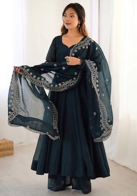 Teal Green Solid Silk Salwar Kameez With Dupatta