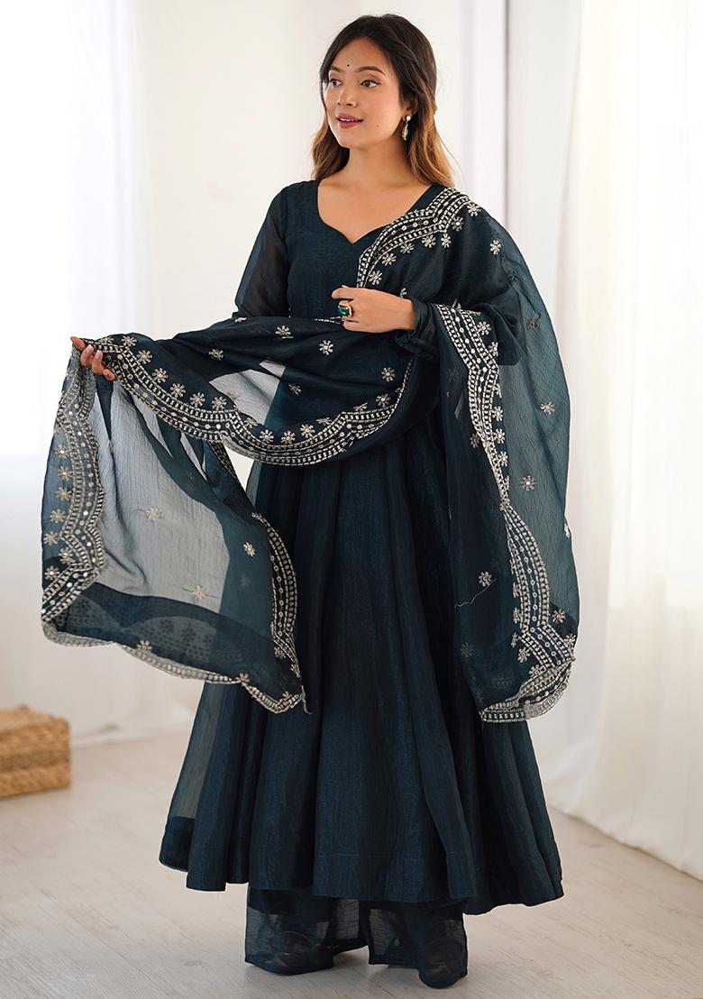 Teal Green Solid Silk Salwar Kameez With Dupatta