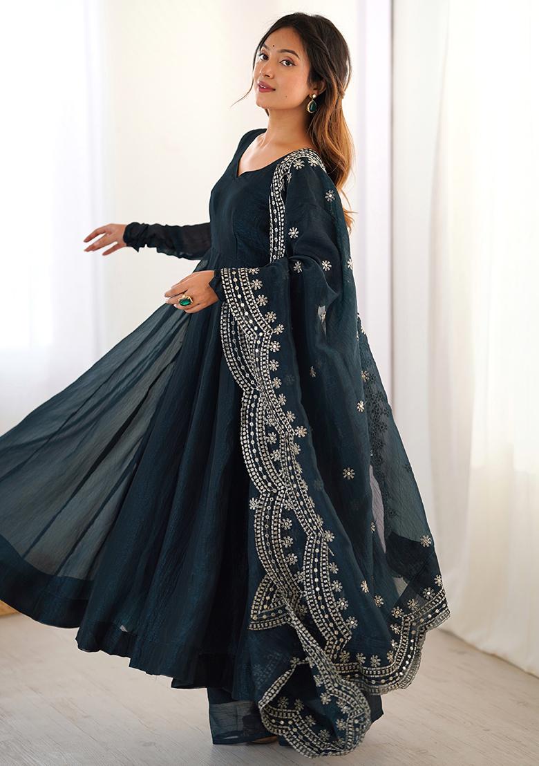 Teal Green Solid Silk Salwar Kameez With Dupatta