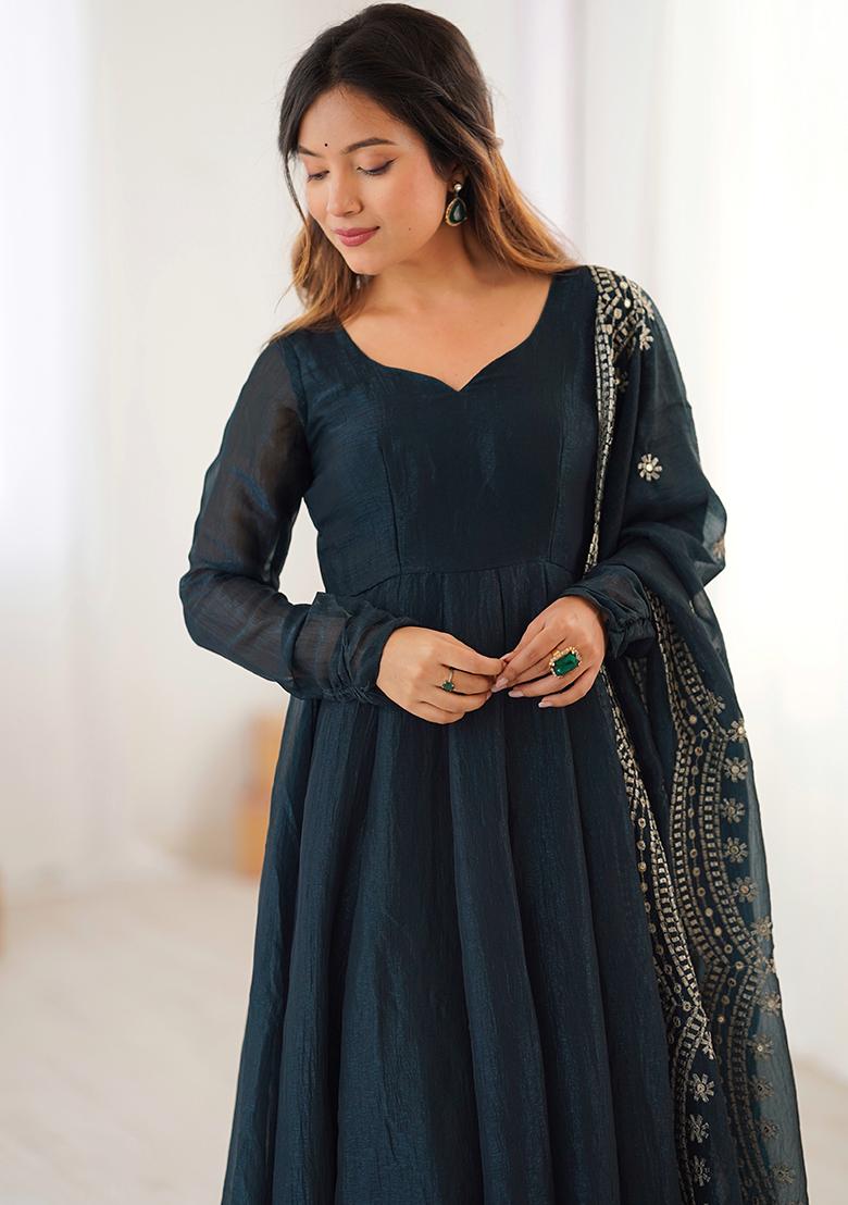 Teal Green Solid Silk Salwar Kameez With Dupatta