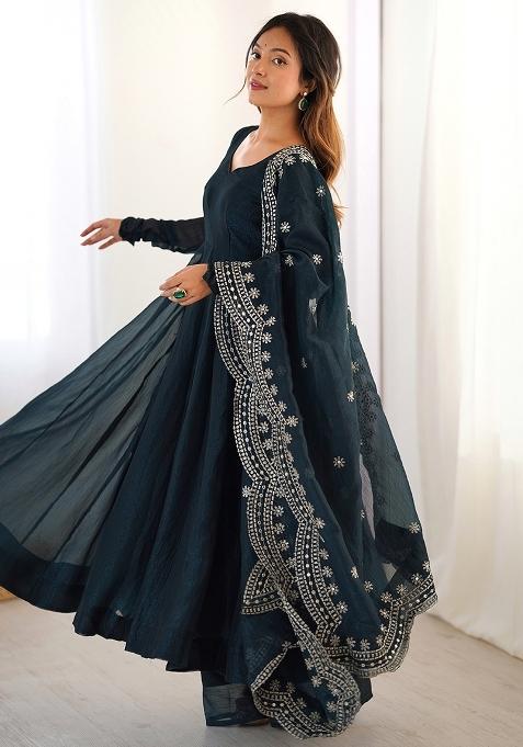 Teal Green Solid Silk Salwar Kameez With Dupatta