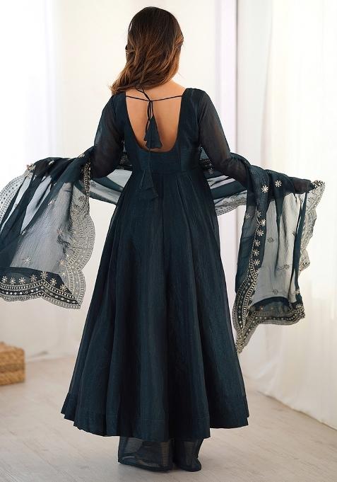 Teal Green Solid Silk Salwar Kameez With Dupatta