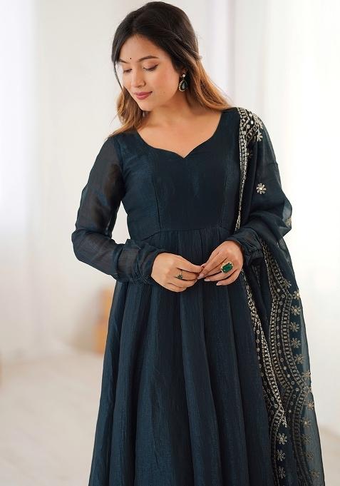 Teal Green Solid Silk Salwar Kameez With Dupatta