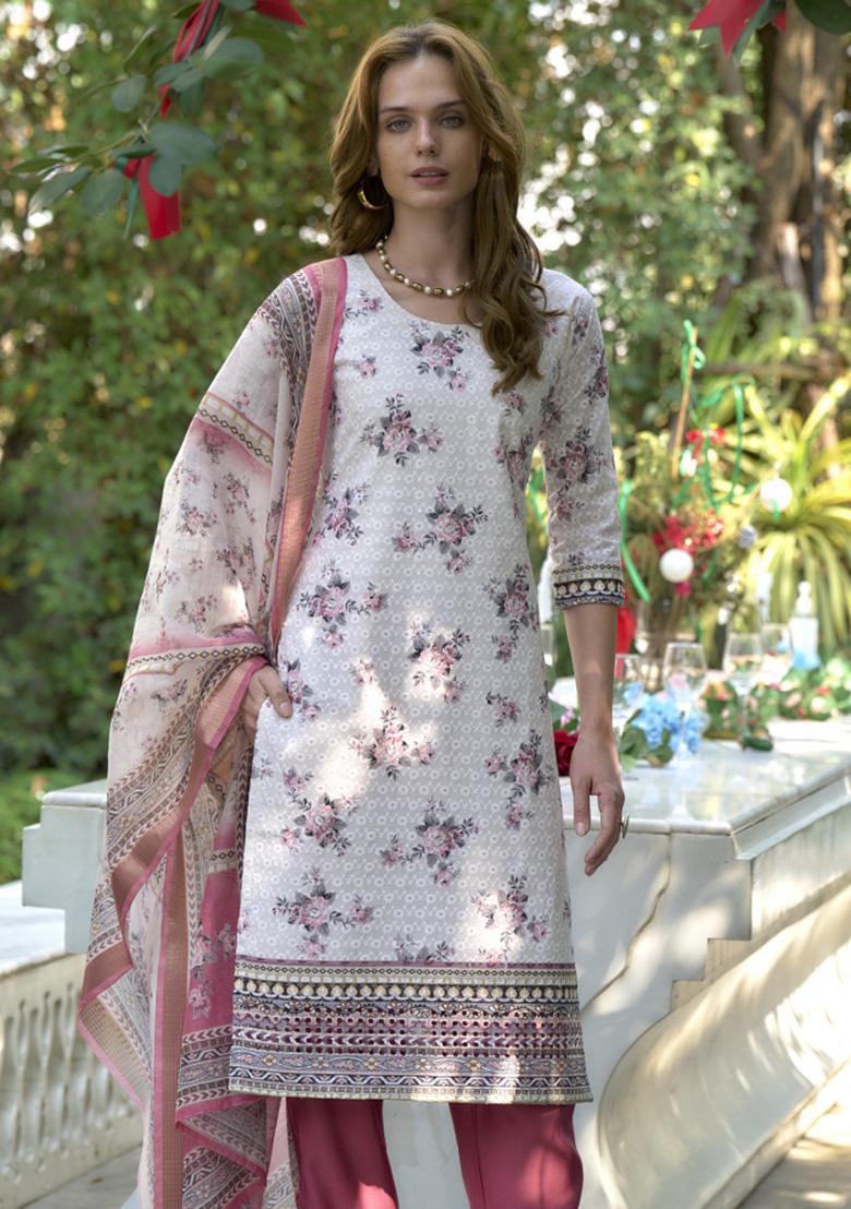 Multi Color Printed Cotton Salwar Kameez With Dupatta - Indya