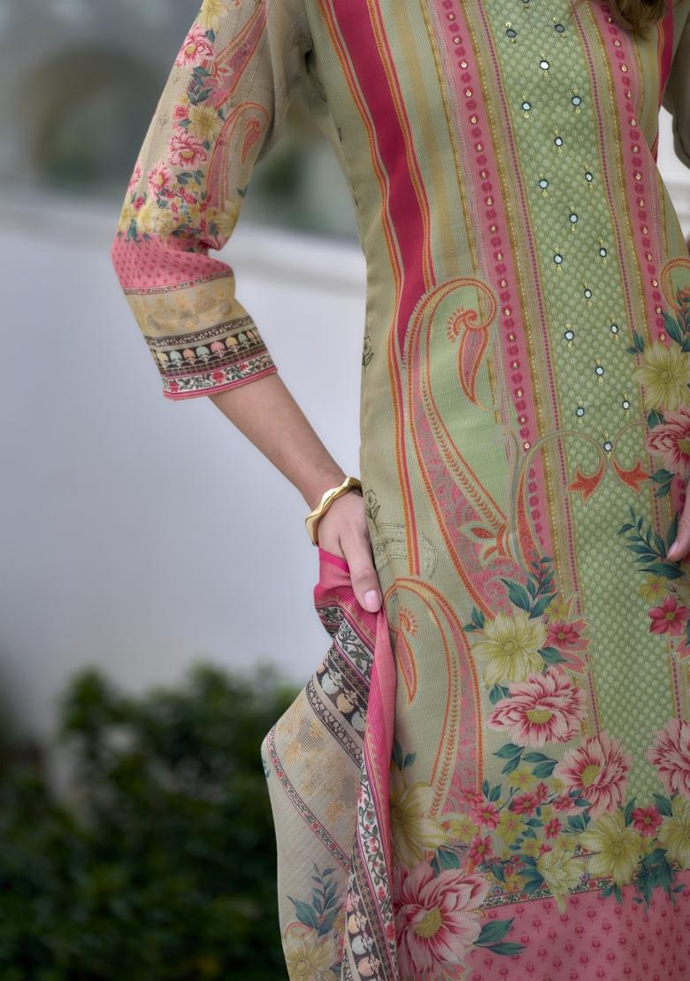 Multi Color Printed Silk Salwar Kameez With Dupatta - Indya