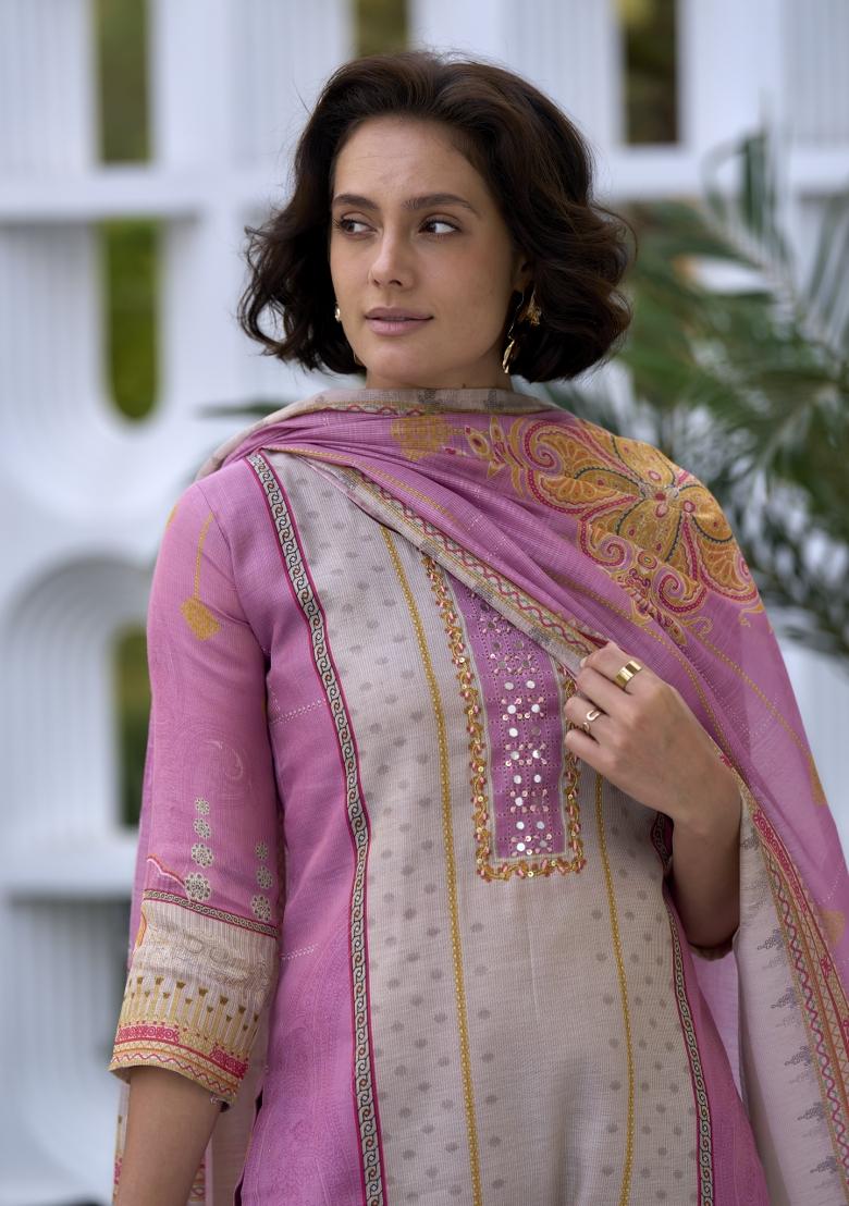 Multi Color Printed Silk Salwar Kameez With Dupatta - Indya