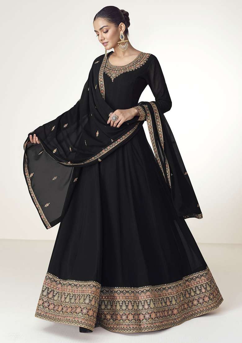 Black Embroidered Georgette Anarkali With Dupatta - Indya