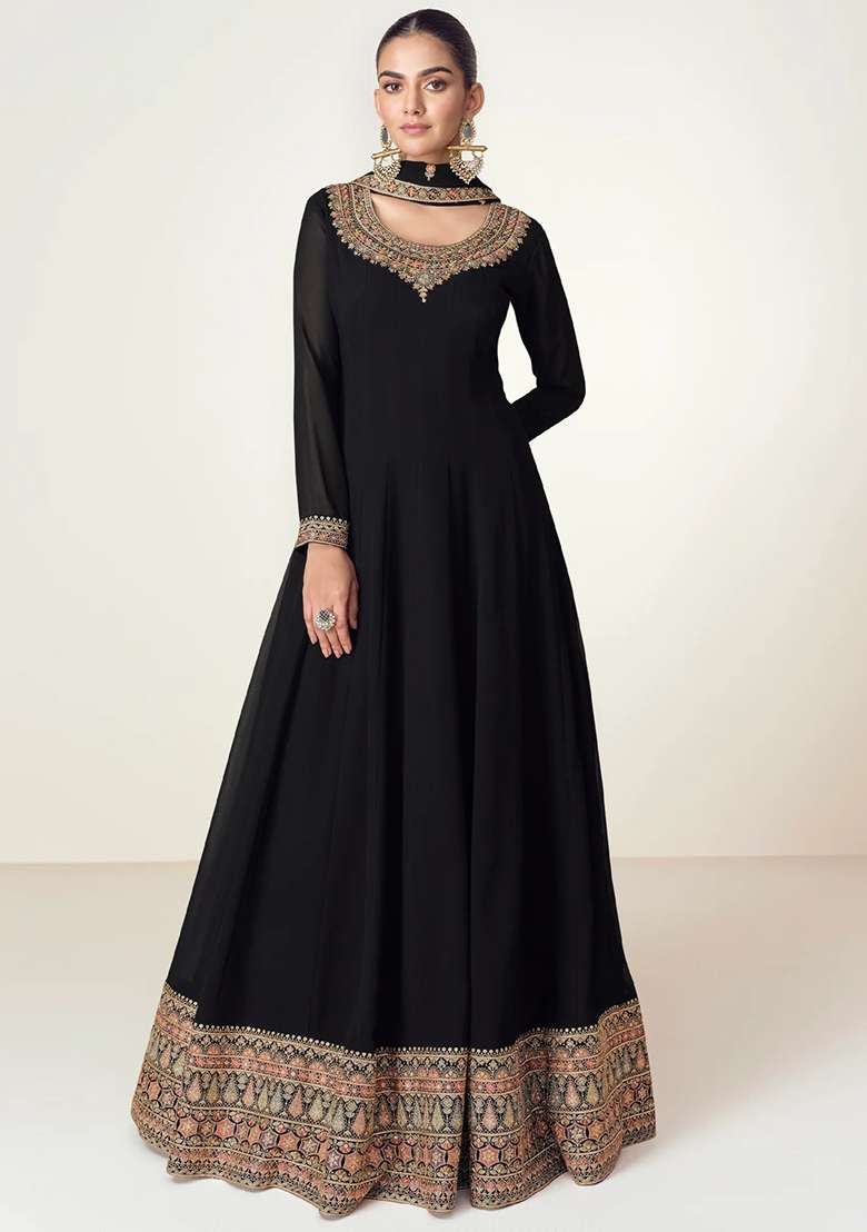 Black Embroidered Georgette Anarkali With Dupatta - Indya