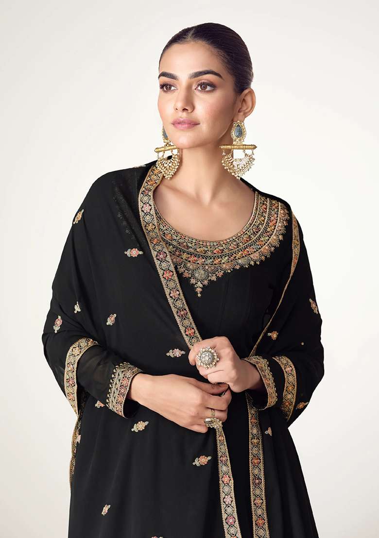 Black Embroidered Georgette Anarkali With Dupatta - Indya