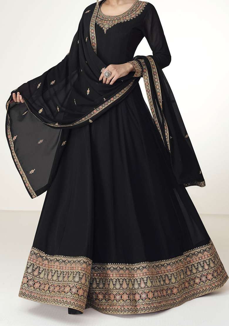 Black Embroidered Georgette Anarkali With Dupatta - Indya