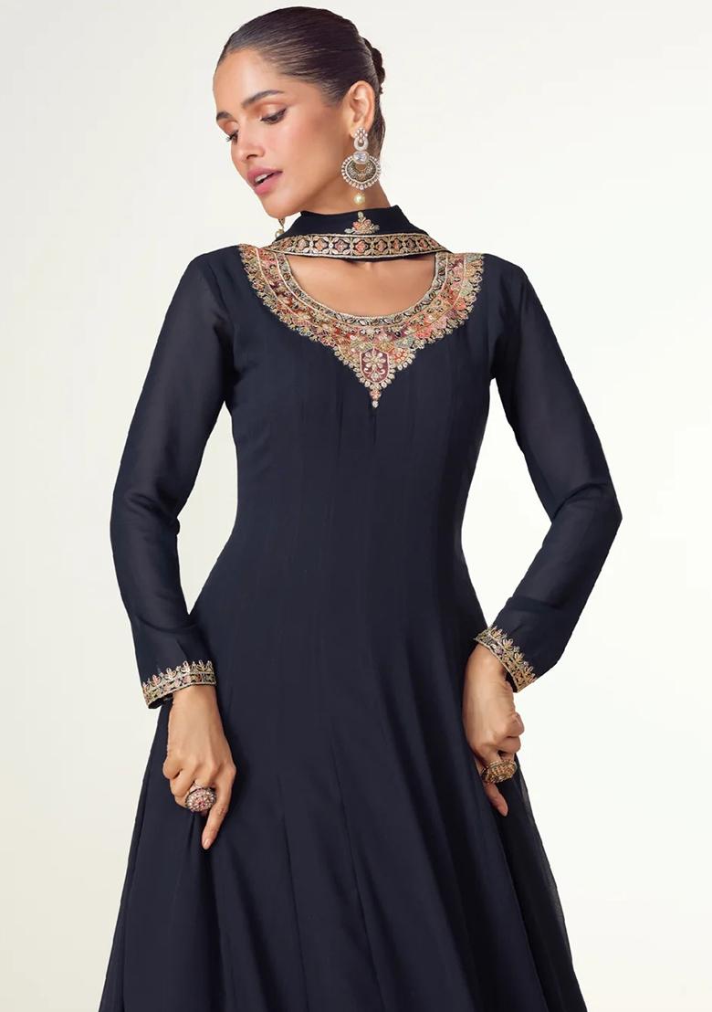 Blue Embroidered Georgette Anarkali Set With Dupatta - Indya