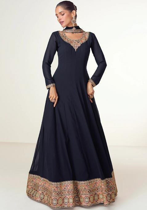 Blue Embroidered Georgette Anarkali With Dupatta