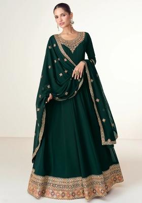 Green Embroidered Georgette Anarkali Set With Dupatta