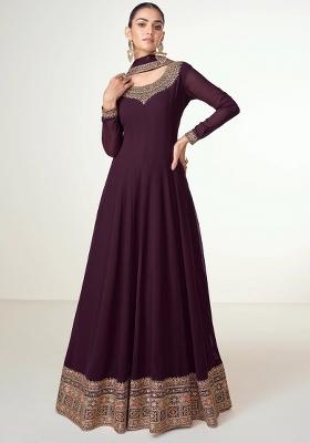 Purple Embroidered Georgette Anarkali Set With Dupatta