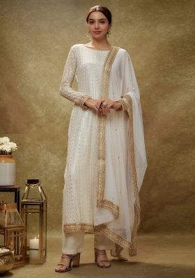 White Embroidered Georgette Salwar Kameez Set With Dupatta