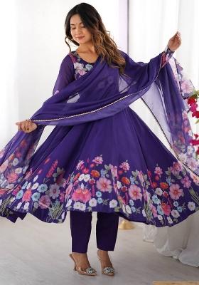 Purple printed Silk Salwar Kameez Set With Dupatta