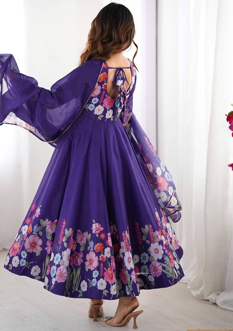 Purple printed Silk Salwar Kameez Set With Dupatta