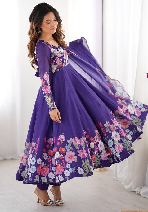Purple printed Silk Salwar Kameez Set With Dupatta