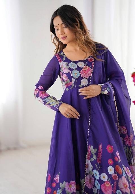 Purple printed Silk Salwar Kameez Set With Dupatta