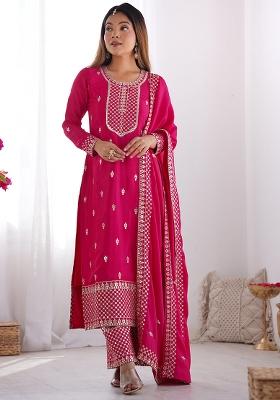Rani Pink Embroidered Chinnon Salwar Kameez Set With Dupatta