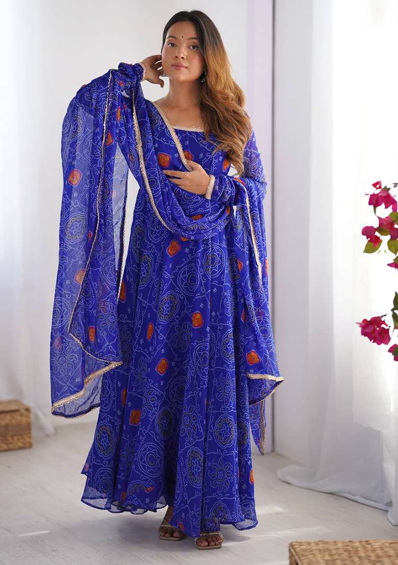 Royal Blue printed Georgette Salwar Kameez Set With Dupatta - Indya