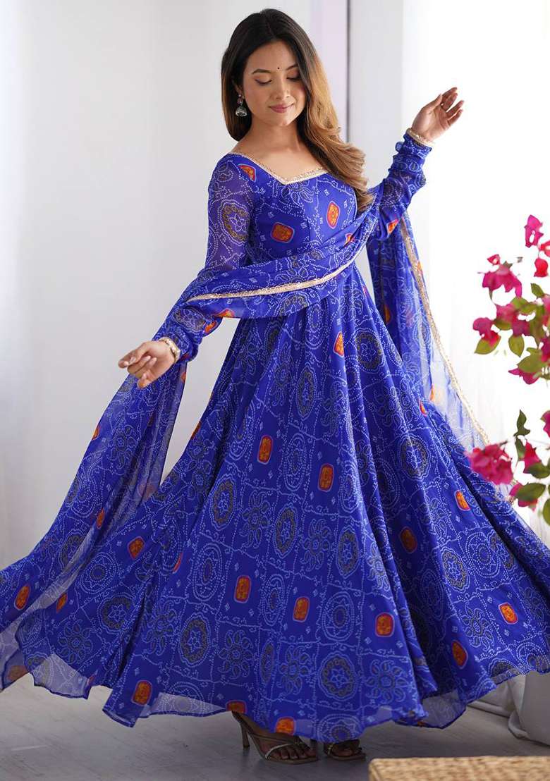 Royal Blue printed Georgette Salwar Kameez Set With Dupatta - Indya