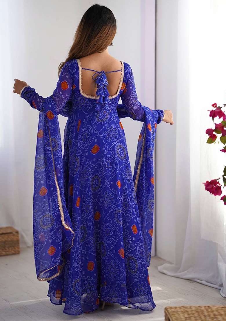 Royal Blue printed Georgette Salwar Kameez Set With Dupatta - Indya