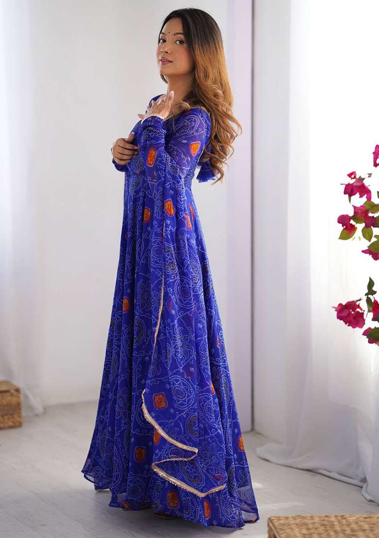 Royal Blue printed Georgette Salwar Kameez Set With Dupatta - Indya