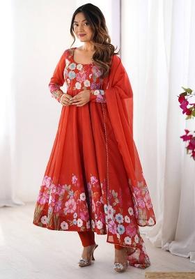 Purple printed Silk Salwar Kameez Set With Dupatta