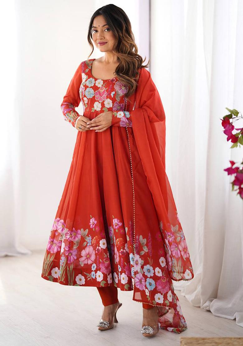 Purple printed Silk Salwar Kameez Set With Dupatta