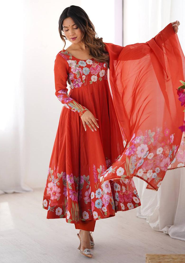 Purple printed Silk Salwar Kameez Set With Dupatta