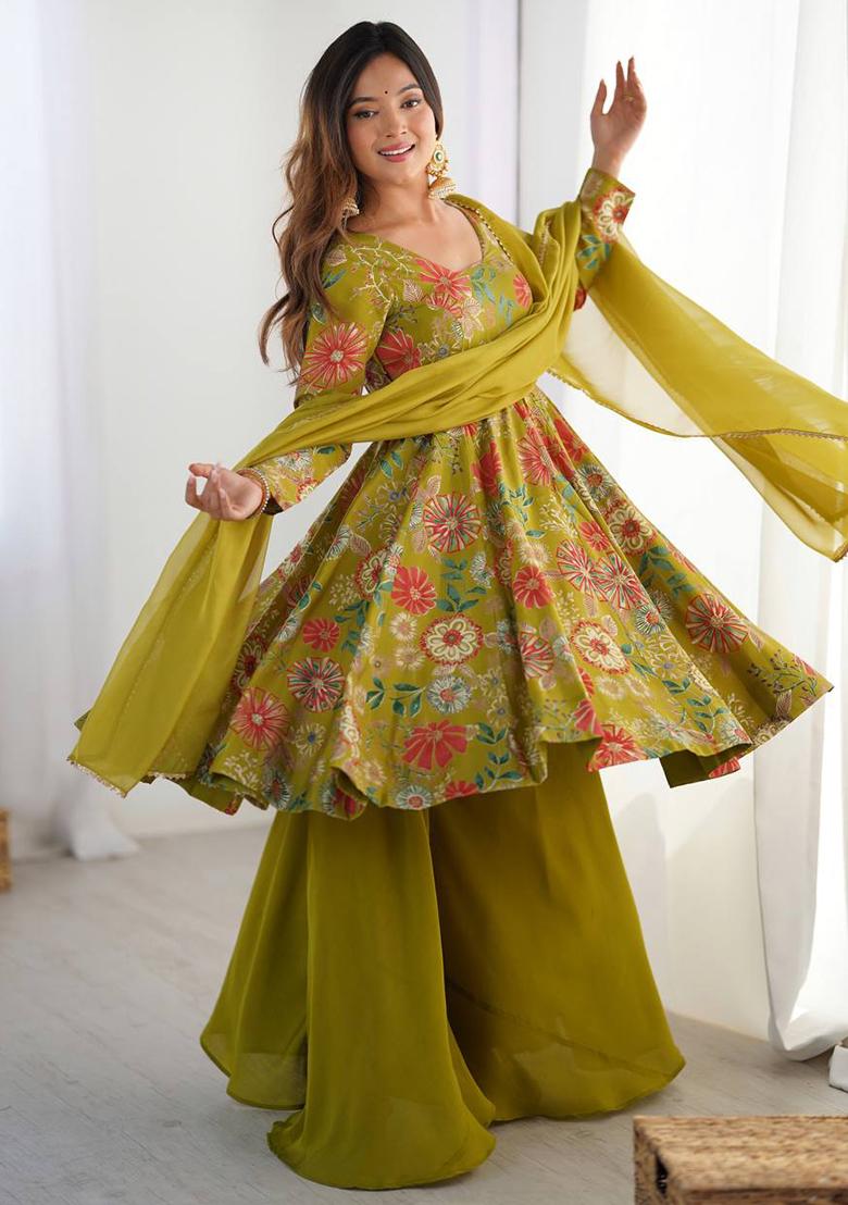 Rani Pink printed Silk Salwar Kameez Set With Dupatta