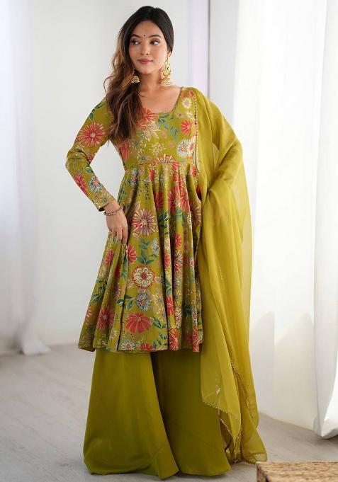 Rani Pink printed Silk Salwar Kameez Set With Dupatta