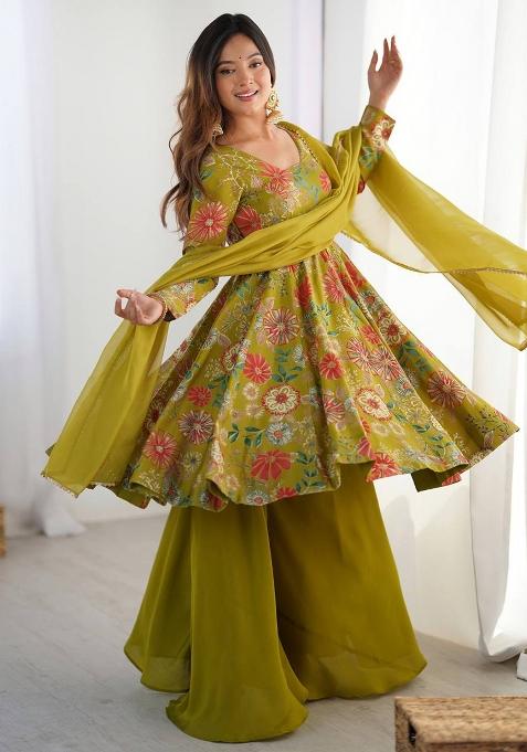 Rani Pink printed Silk Salwar Kameez Set With Dupatta