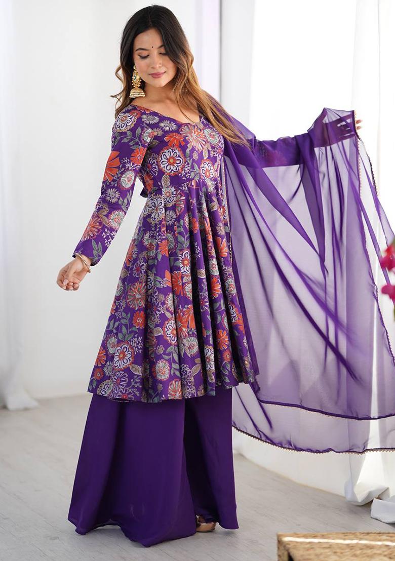 Rani Pink printed Silk Salwar Kameez Set With Dupatta