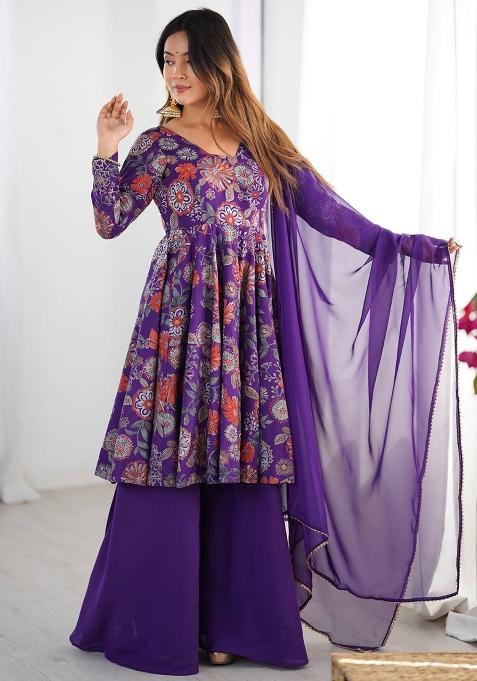 Rani Pink printed Silk Salwar Kameez Set With Dupatta