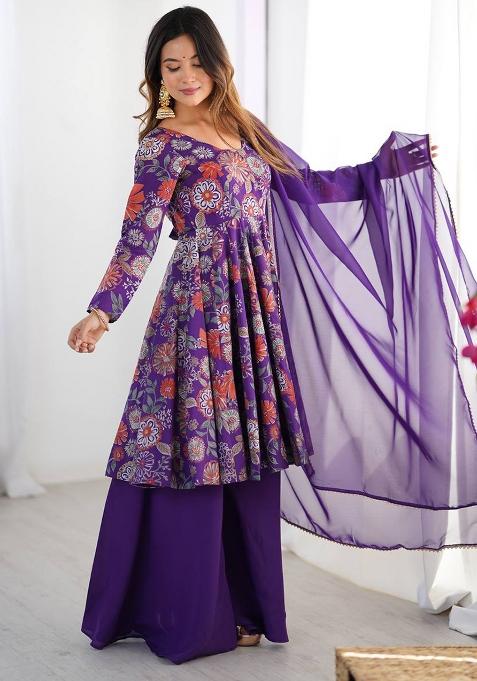 Rani Pink printed Silk Salwar Kameez Set With Dupatta