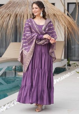 Mauve Purple solid Silk Salwar Kameez Set With Dupatta
