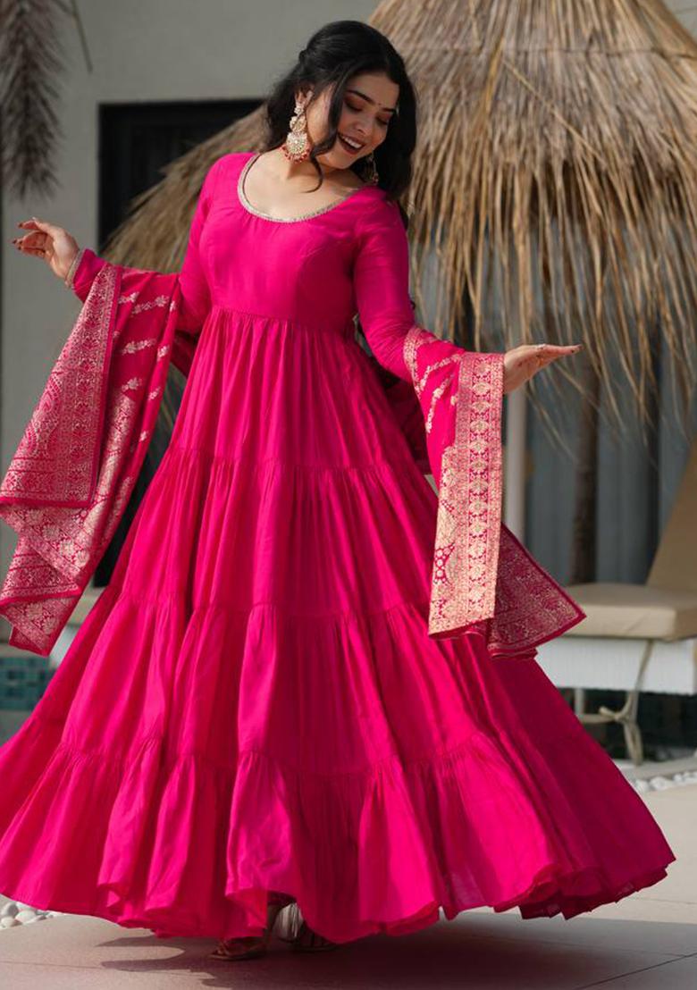 Rani Pink solid Silk Salwar Kameez Set With Dupatta