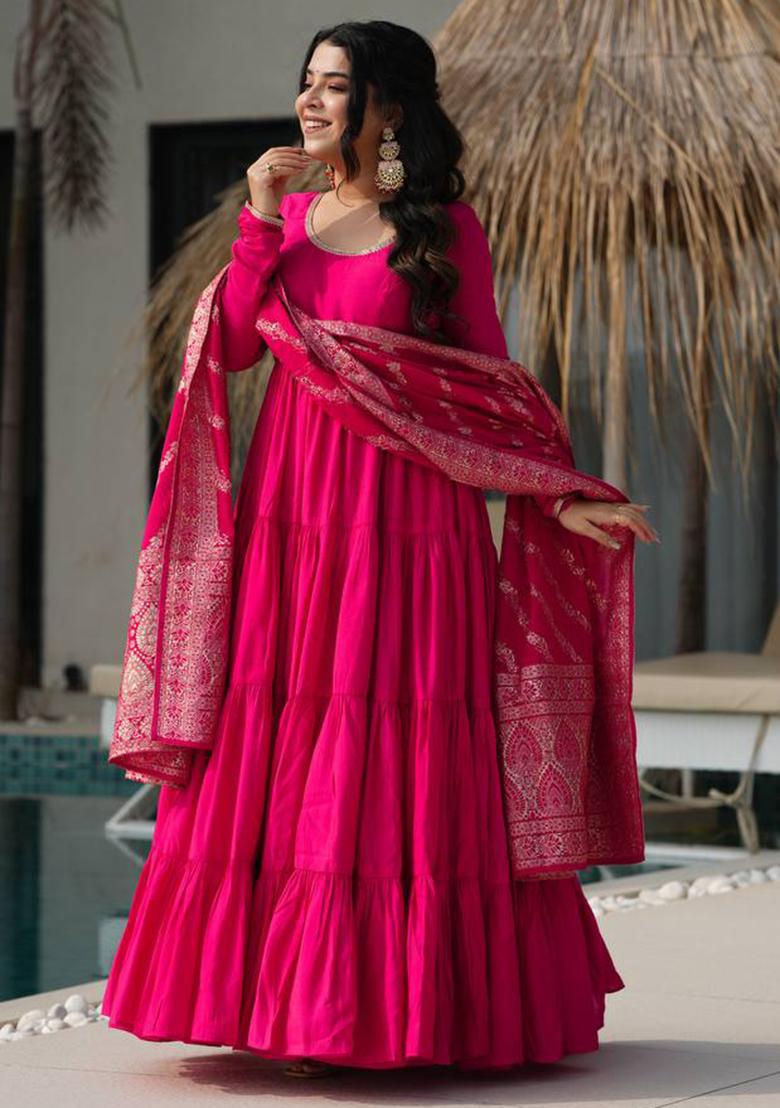 Rani Pink solid Silk Salwar Kameez Set With Dupatta