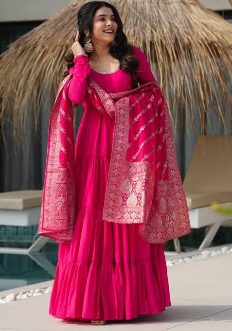 Rani Pink solid Silk Salwar Kameez Set With Dupatta