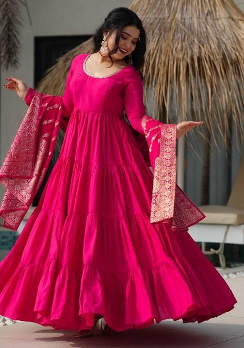 Rani Pink solid Silk Salwar Kameez Set With Dupatta