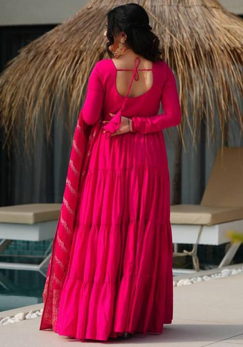 Rani Pink solid Silk Salwar Kameez Set With Dupatta