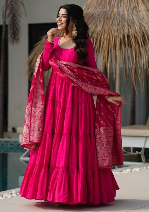 Rani Pink solid Silk Salwar Kameez Set With Dupatta