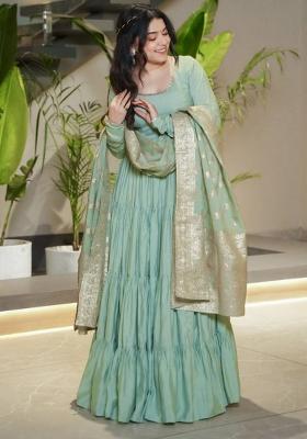 Sea Green solid Silk Salwar Kameez Set With Dupatta